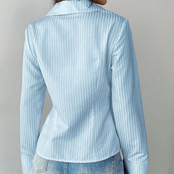 blue Casual Women's Turndown Collar Long Sleeve button down shirt - Picture 2 of 6